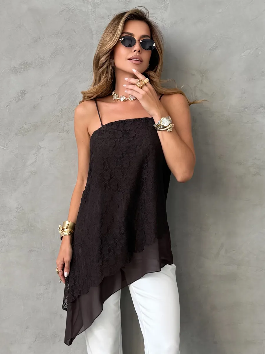 Коричневый удлиненный вечерний топ кружевной асимметричный