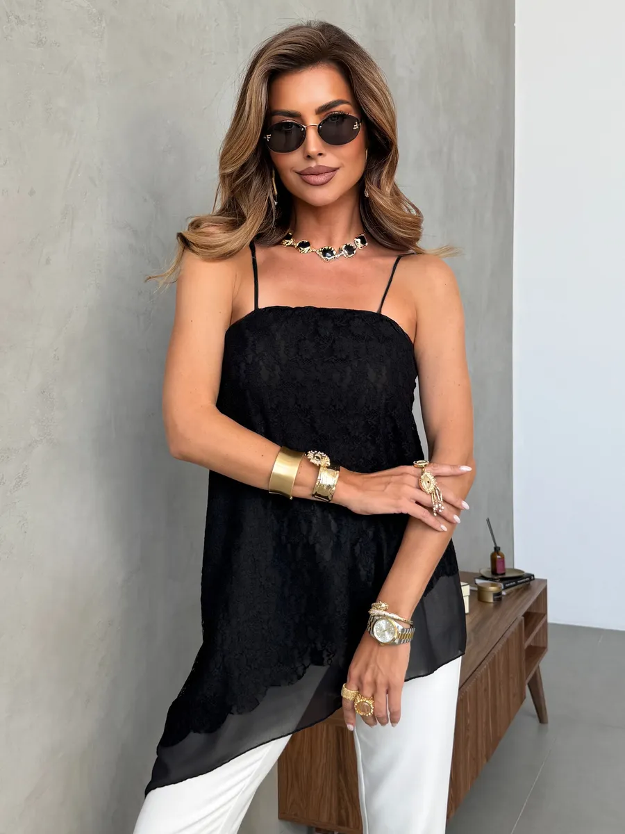 Удлиненный вечерний топ кружевной асимметричный