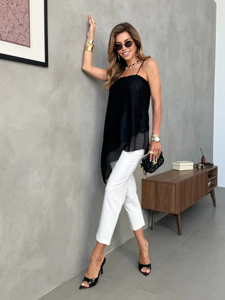 Черный удлиненный вечерний топ кружевной асимметричный