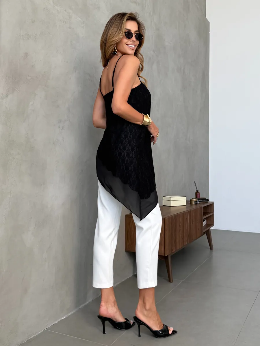 Черный удлиненный вечерний топ кружевной асимметричный