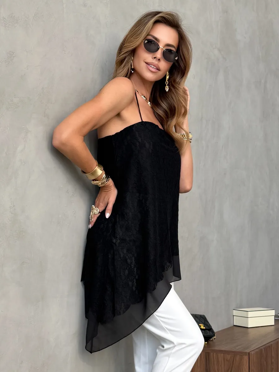 Черный удлиненный вечерний топ кружевной асимметричный