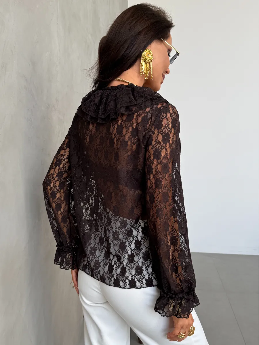 Коричневая нарядная кружевная блузка праздничная вечерняя