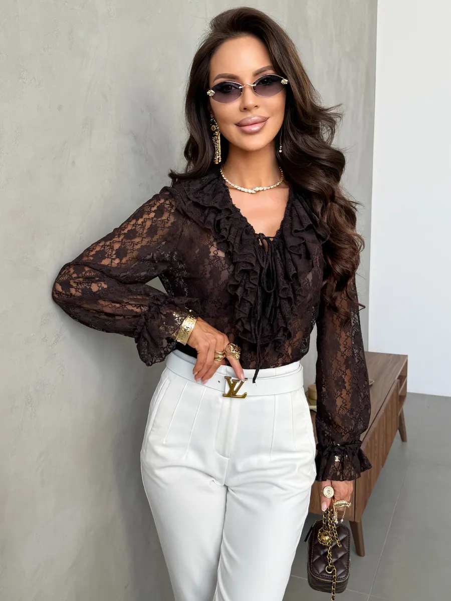 Коричневая нарядная кружевная блузка праздничная вечерняя