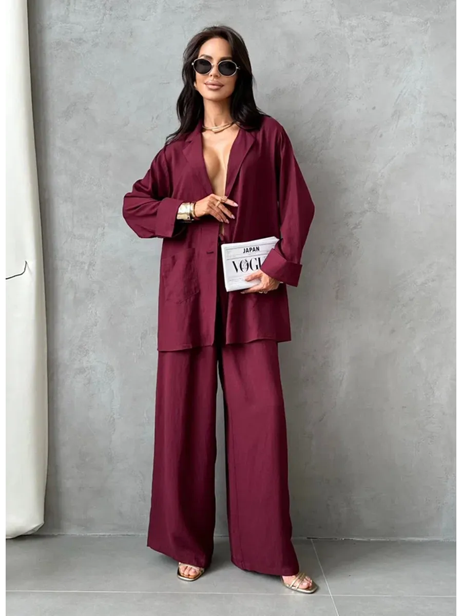 Бордовый костюм брючный летний двойка с пиджаком