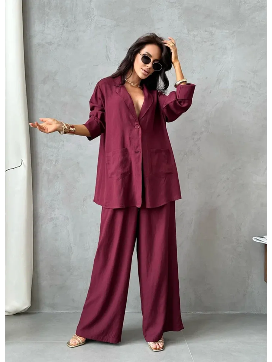 Бордовый костюм брючный летний двойка с пиджаком