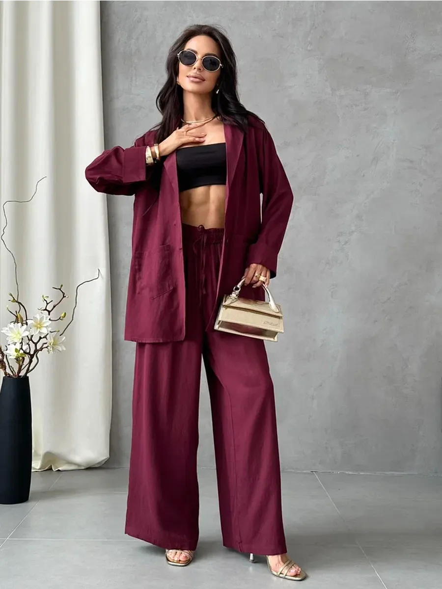 Бордовый костюм брючный летний двойка с пиджаком