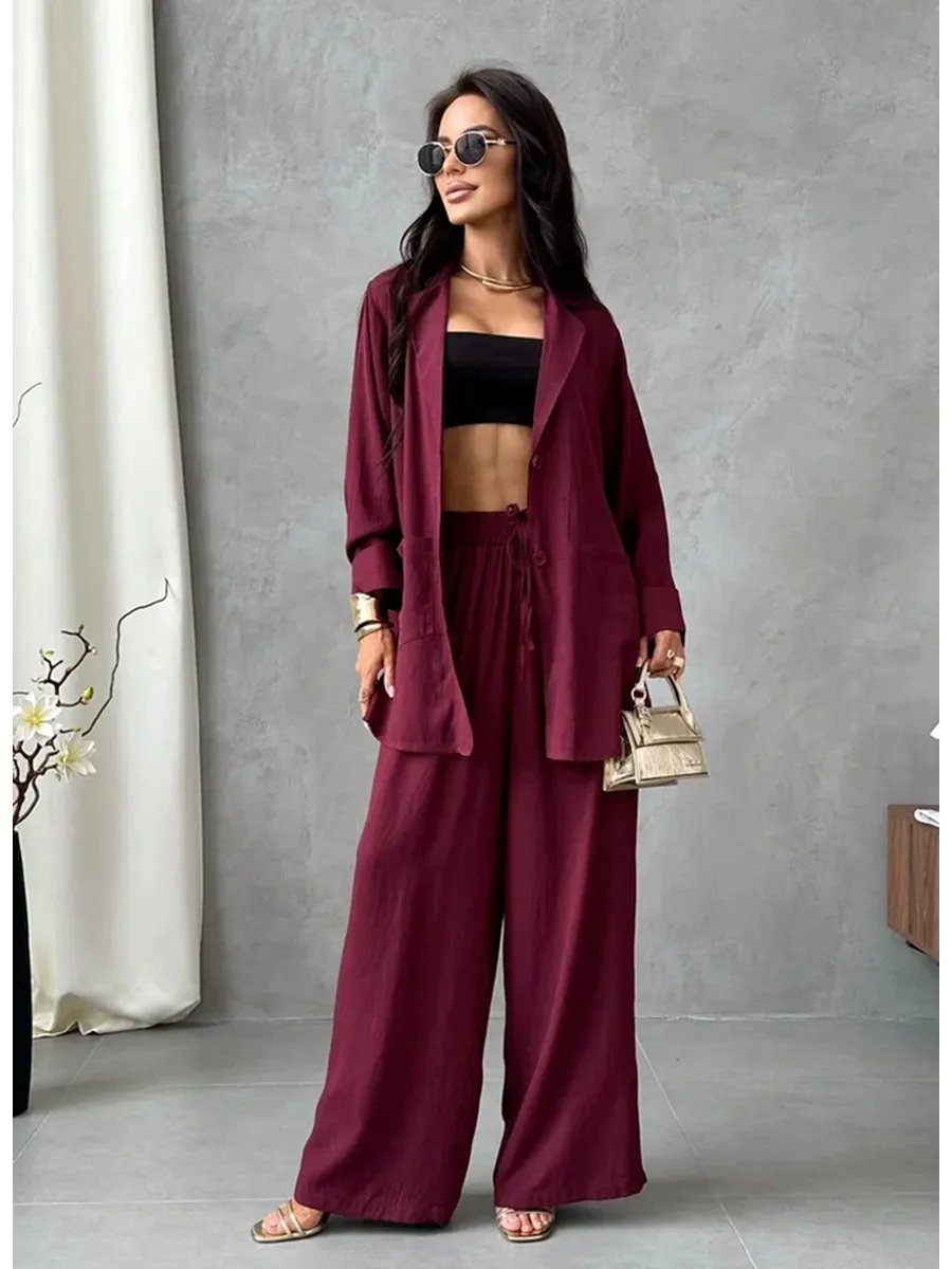 Бордовый костюм брючный летний двойка с пиджаком