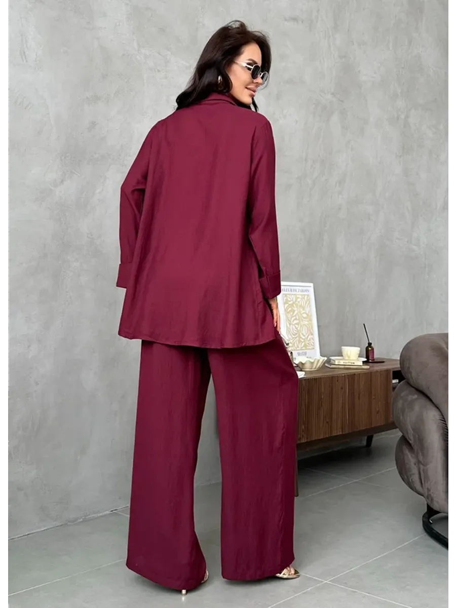 Бордовый костюм брючный летний двойка с пиджаком