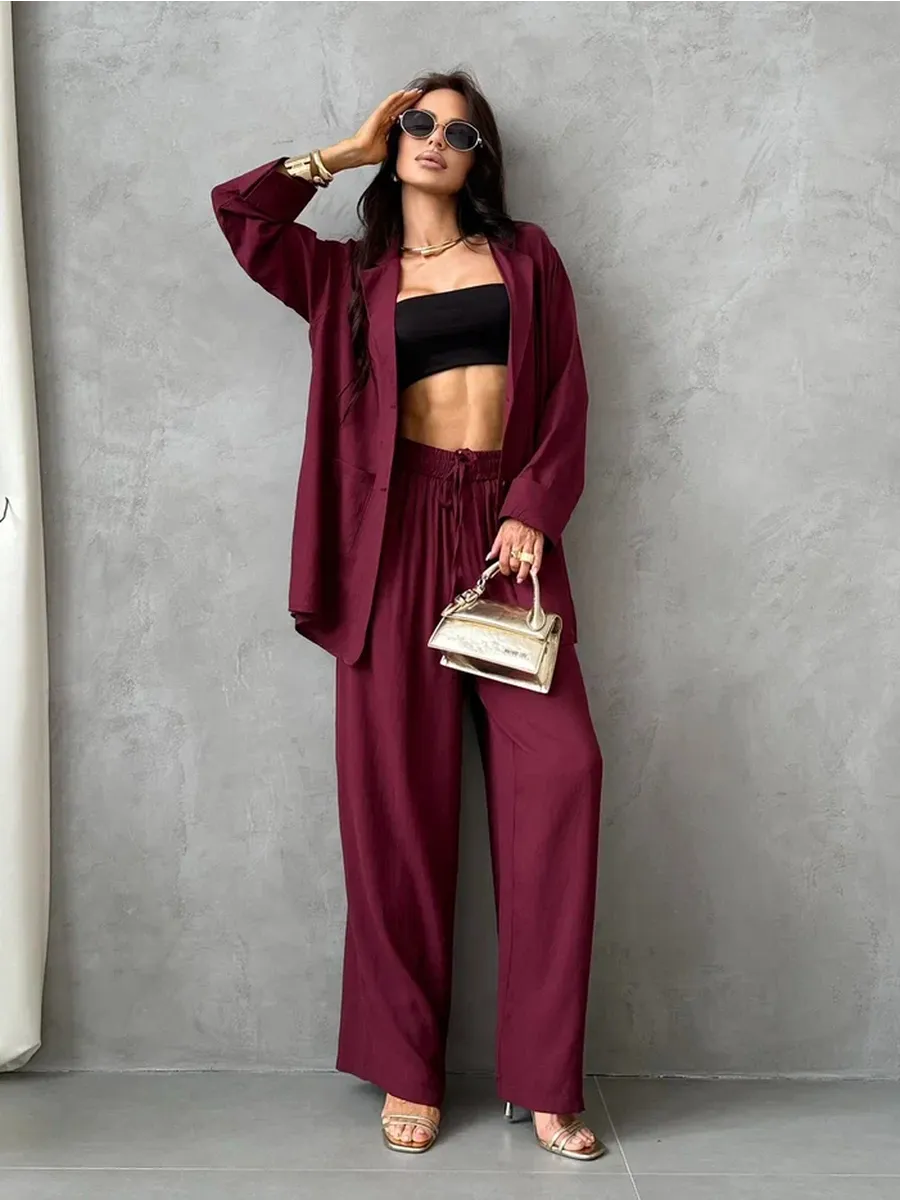 Бордовый костюм брючный летний двойка с пиджаком