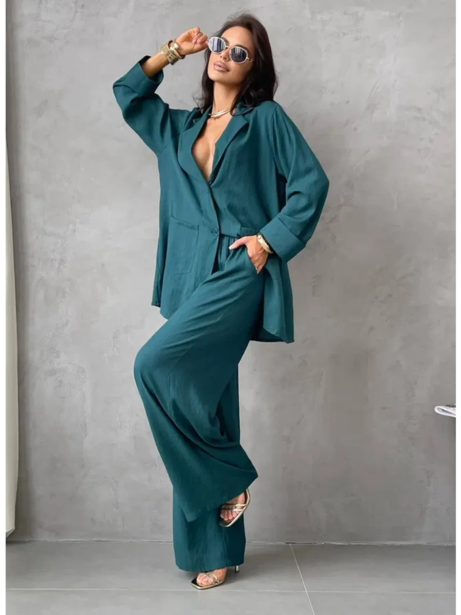 Зеленый костюм брючный летний двойка с пиджаком