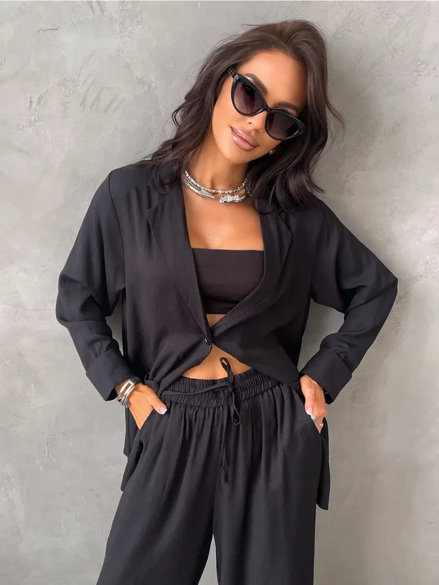 Черный костюм брючный летний двойка с пиджаком