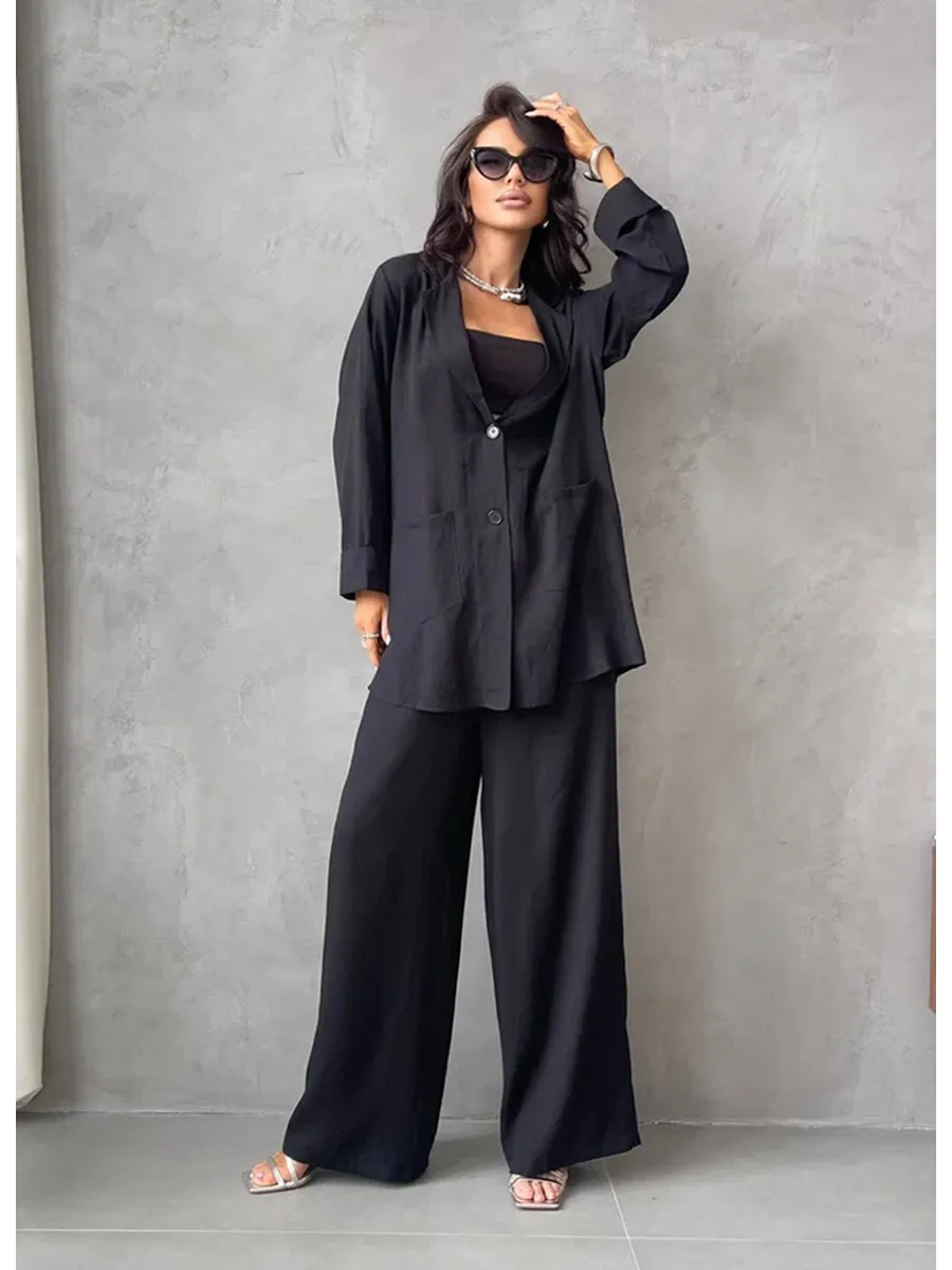 Черный костюм брючный летний двойка с пиджаком