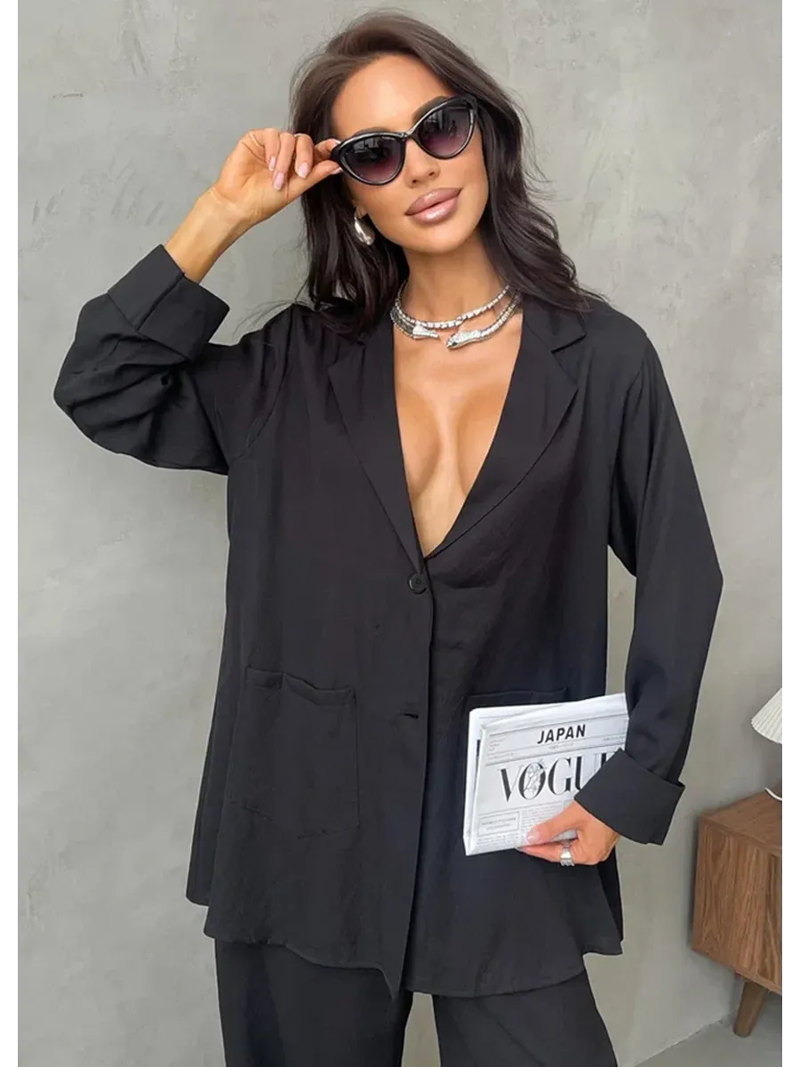 Черный костюм брючный летний двойка с пиджаком