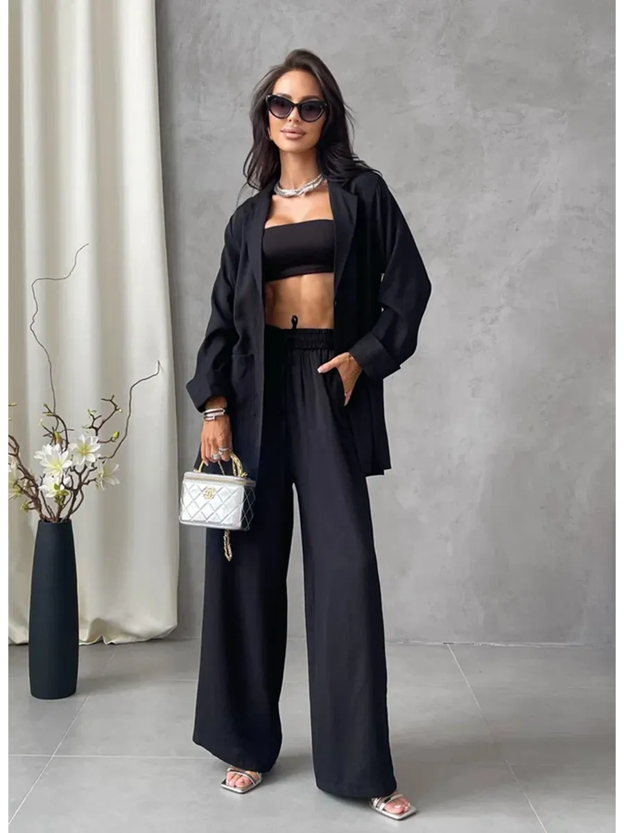 Черный костюм брючный летний двойка с пиджаком