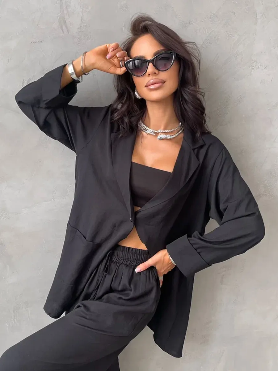 Черный костюм брючный летний двойка с пиджаком