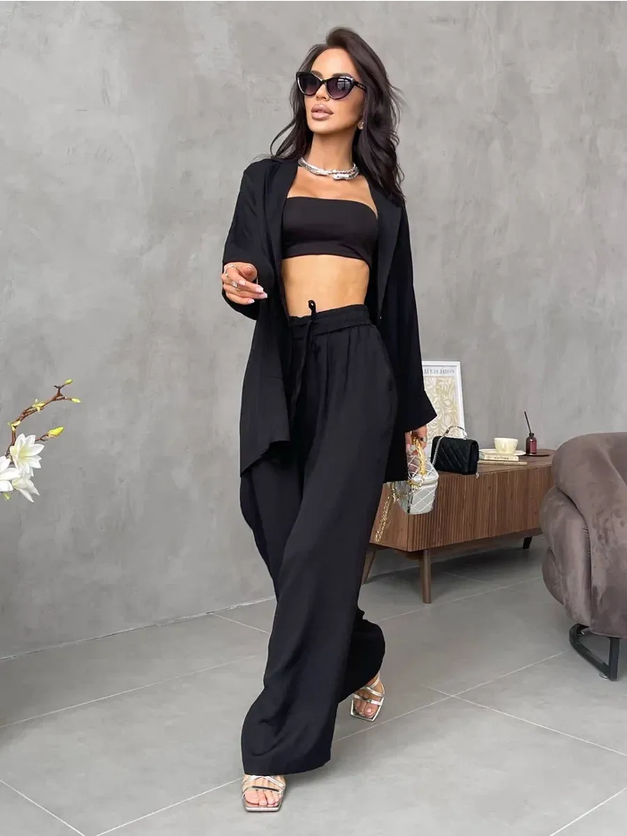 Черный костюм брючный летний двойка с пиджаком