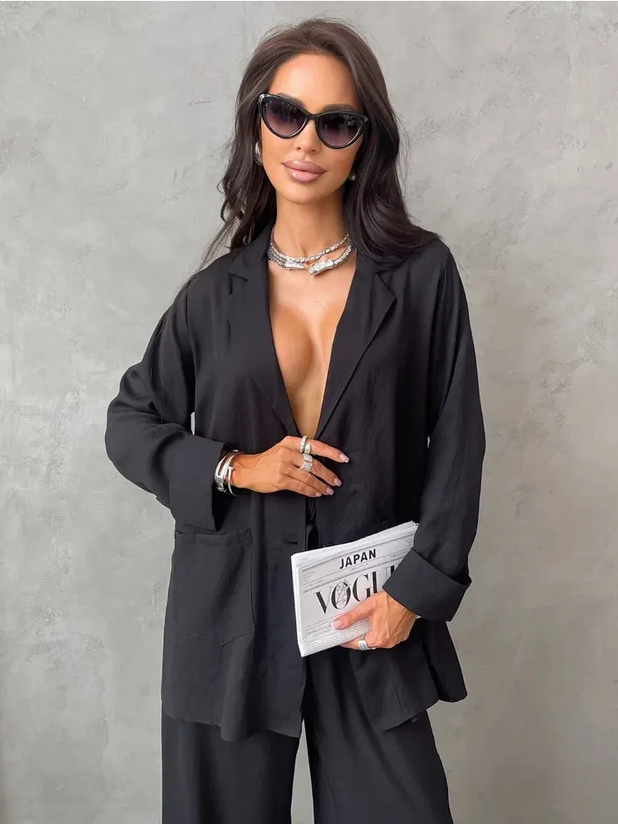 Черный костюм брючный летний двойка с пиджаком