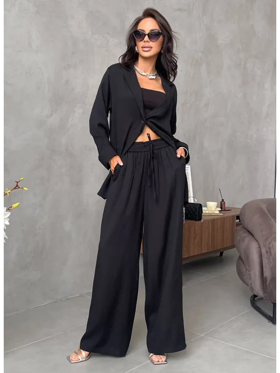 Черный костюм брючный летний двойка с пиджаком